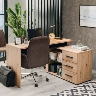 Oak and Black Large Corner Desk with Drawers, featuring a spacious work surface and industrial design, ideal for home offices. Can be used as a corner or straight desk