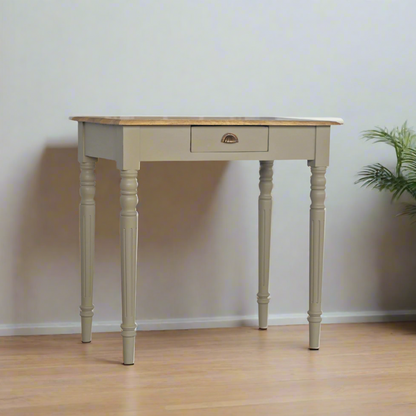 Elegant French grey oak writing desk with a smooth, sophisticated finish, featuring sturdy legs and a spacious tabletop, perfect for a stylish and functional home office or study space