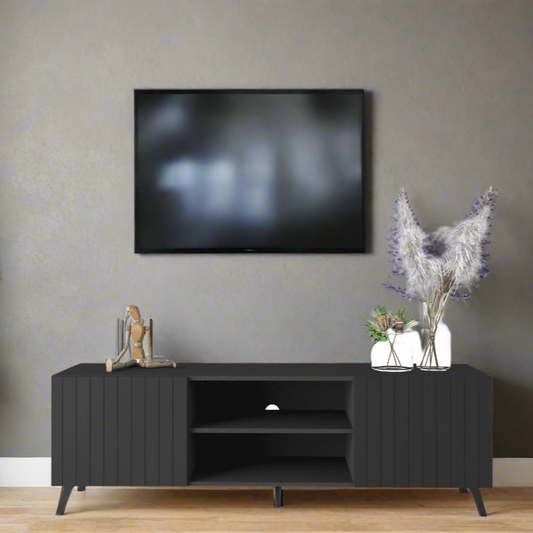 Matte Black Slatted TV Stand with vertical grooves for added texture and modern style. Features a sleek matte white finish and spacious design with two doors for storage. Dimensions: 52cm H, 160cm W, 40.3cm D. Ideal for enhancing contemporary living rooms or entertainment areas with both style and functionality