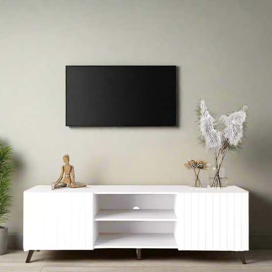 Matte White Slatted TV Stand with vertical grooves for added texture and modern style. Features a sleek matte white finish and spacious design with two doors for storage. Dimensions: 52cm H, 160cm W, 40.3cm D. Ideal for enhancing contemporary living rooms or entertainment areas with both style and functionality