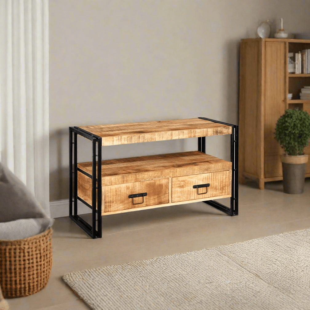 Handmade reclaimed industrial TV cabinet with natural light-grain hardwood, banded iron edges, and two drawers, offering eco-friendly and unique design.