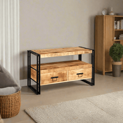 Handmade reclaimed industrial TV cabinet with natural light-grain hardwood, banded iron edges, and two drawers, offering eco-friendly and unique design.