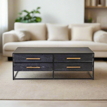 Black Wood 4 Drawer Coffee Table with sleek black wood veneer finish, gold finish handles, and angular black metal base. Ideal for modern living rooms, offering both style and storage. Dimensions: H40 x L70 x W120.