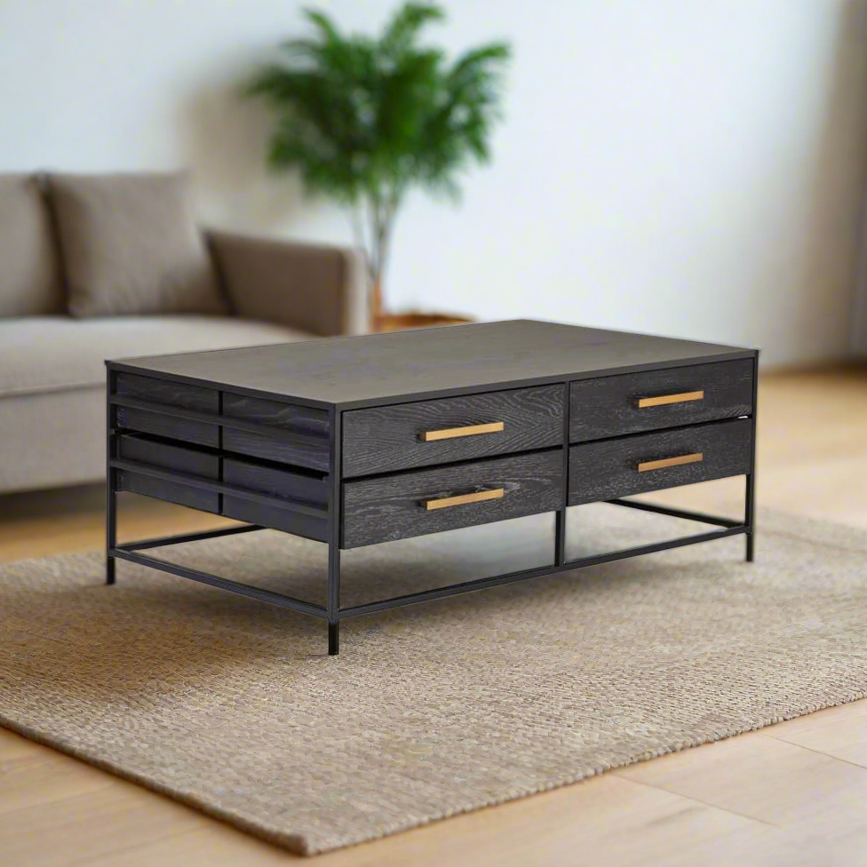 Black Wood 4 Drawer Coffee Table with sleek black wood veneer finish, gold finish handles, and angular black metal base. Ideal for modern living rooms, offering both style and storage. Dimensions: H40 x L70 x W120.