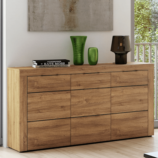 Camar Sideboard in Camargue Oak effect with curved top edge, black metal handles, 3 soft-close drawers, and 2 soft-close cupboard doors.