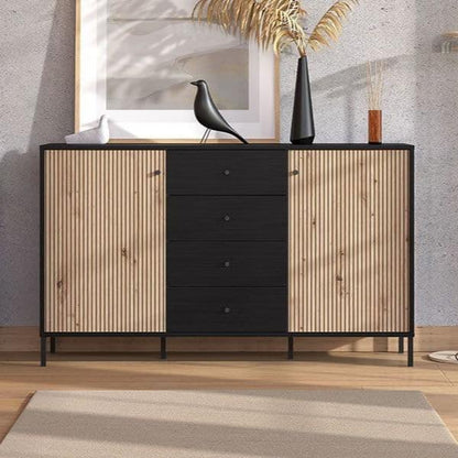 Clifton Slatted Sideboard in artisan oak effect with black accents, featuring 2 doors, 4 drawers, and slatted detailing.