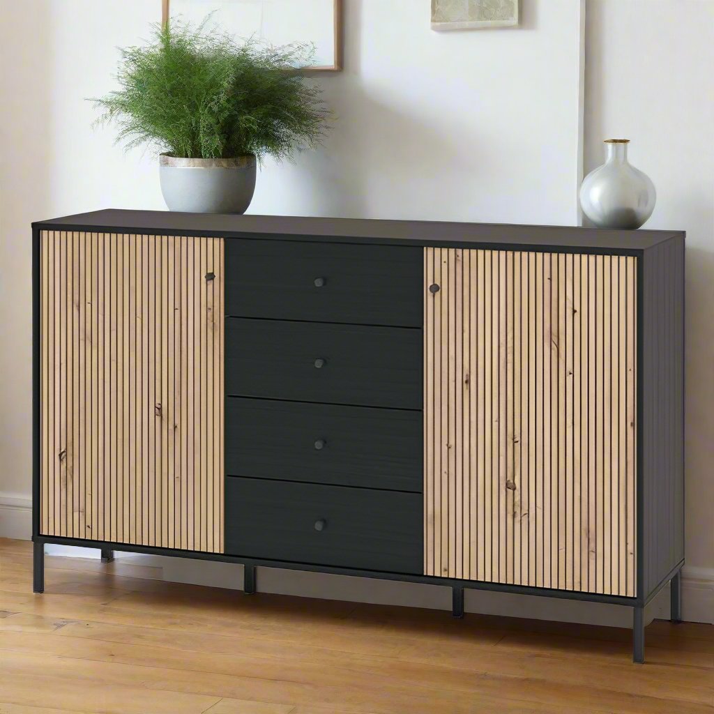 Clifton Slatted Sideboard in artisan oak effect with black accents, featuring 2 doors, 4 drawers, and slatted detailing.