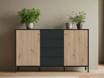 Clifton Slatted Sideboard in artisan oak effect with black accents, featuring 2 doors, 4 drawers, and slatted detailing.