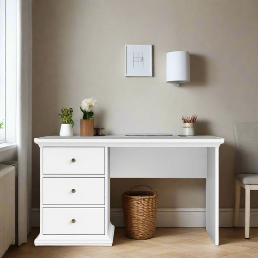 Matte white 3 drawer desk with smooth gliding drawer runners, made from durable laminated board and sustainable PEFC certified wood.