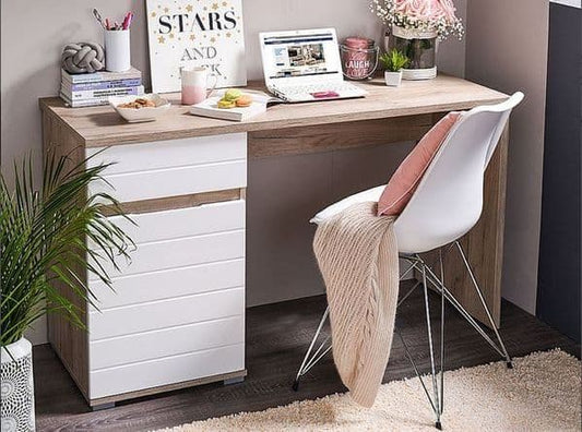 Oak and White Gloss Desk with drawer and cupboard, showcasing a modern design with oak effect and white gloss finishes, perfect for home office or study use