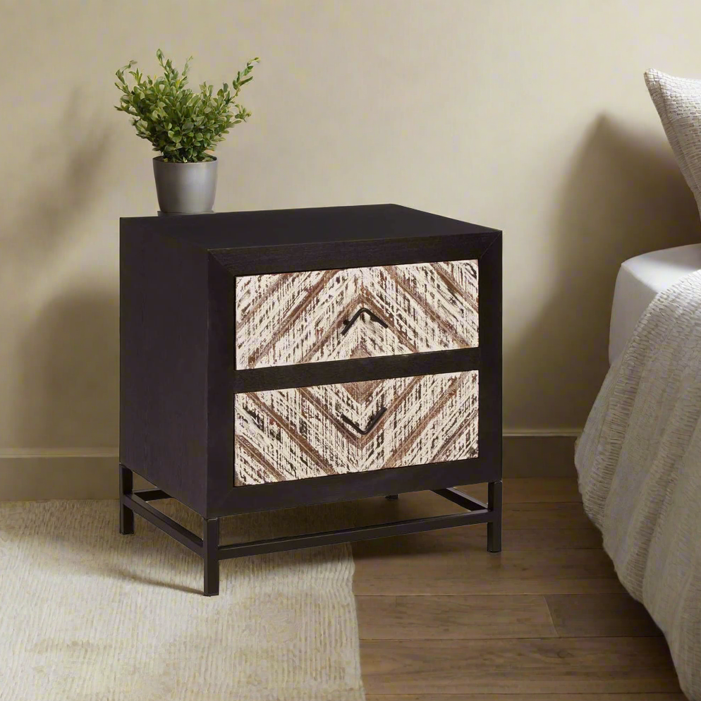 Kuta Black 2 Drawer Bedside Table. The unique geometric design will add a touch of elegance to any room, while providing functional storage options for all of your essentials.