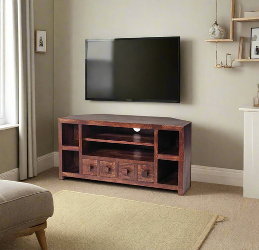 "Eco-friendly Natural Dark Wood Corner TV Stand made from 100% Solid Mango Hardwood. Handcrafted with a deep walnut stain, this fully assembled piece combines contemporary style and sustainability. Easy to clean and maintain, it features dimensions of 110 x 45 x 55 cm (WxDxH). Perfect for any modern living room, offering both elegance and durability while showcasing the beauty of eco-sourced wood."