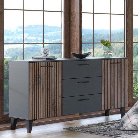 Grey and Oak Slatted Sideboard with dark grey exterior, rustic oak effect slatted doors, 2 doors, 3 drawers, and 4 legs for stability.