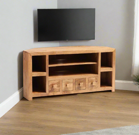 "The Natural Oak Wood Corner TV Stand combines contemporary style with sustainability. Crafted from 100% solid Mango hardwood and finished with a light oak stain, it highlights the wood’s natural beauty. Handcrafted using eco-friendly materials, this stand is both stylish and environmentally conscious. Its durable, timeless design makes it the perfect addition to any modern living room. Fully assembled and ready for use, this stand offers both practicality and elegance in one eco-friendly package."