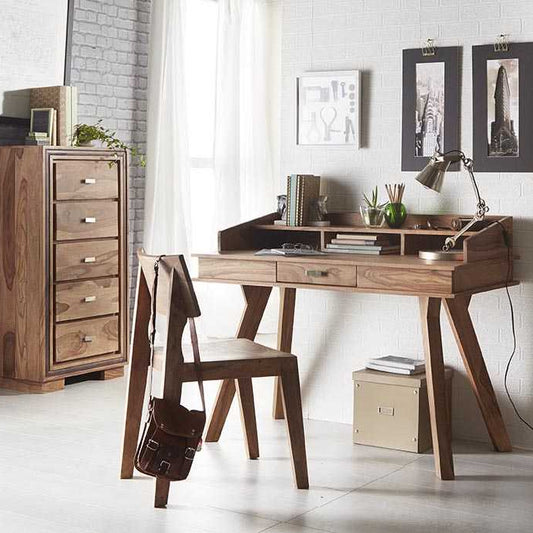 Modern study desk made from solid Sheesham wood, featuring a drawer and three document sections for stylish and functional storage.