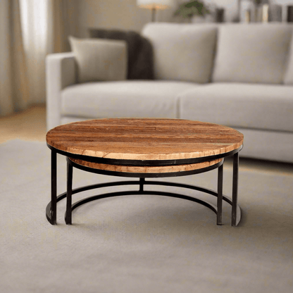 Set of two round coffee tables made from reclaimed railway sleepers with black metal frames, offering a stylish and eco-friendly design.