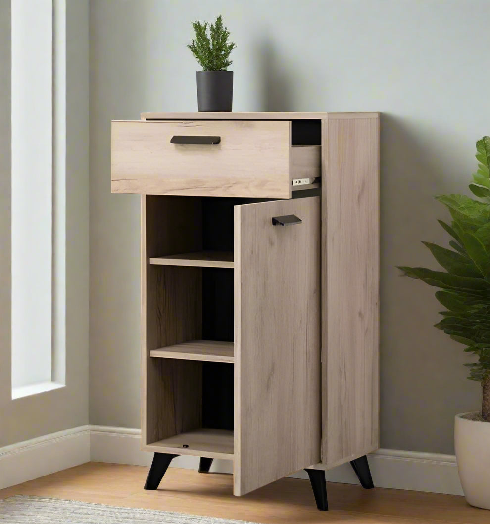 Small grey oak finish sideboard with black legs and handle, featuring one door and one drawer for versatile storage.