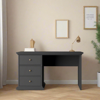 Matte black 3 drawer desk with smooth gliding drawer runners, made from durable laminated board and sustainable PEFC certified wood.