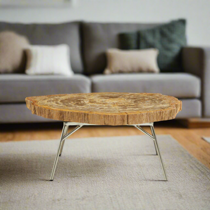 Petrified wood coffee table with round irregular top and slanted metal legs, offering a minimal and nature-inspired design.