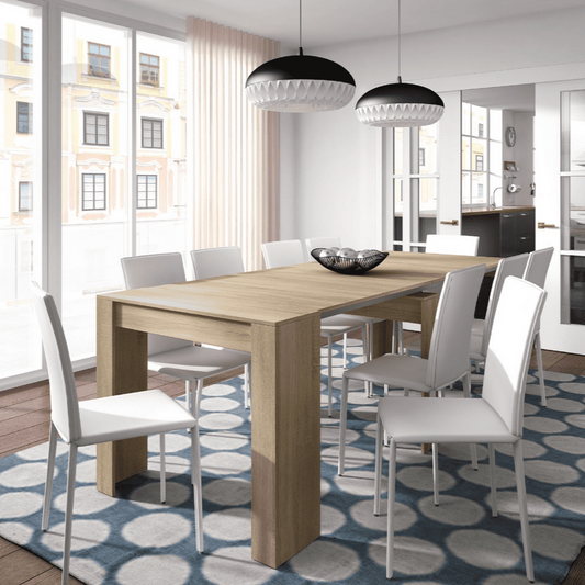  Extending Oak Dining Table in Oak Effect with 5 extending positions, adjustable width from 51cm to 237cm, and a depth of 90cm. Perfect for versatile dining spaces. Chairs not included.