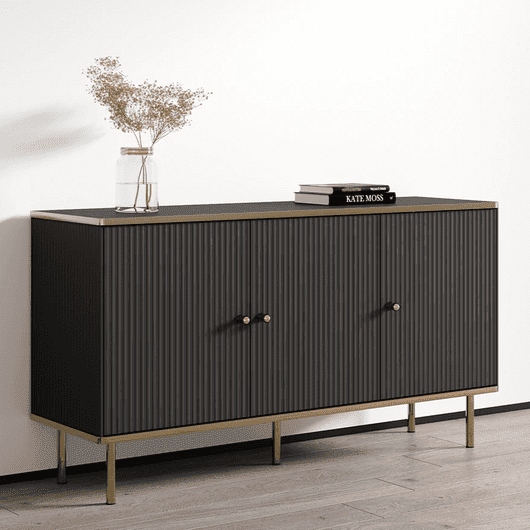 Black and Gold Large Sideboard with a sleek white body, accented by elegant gold handles and edging. Features three doors with internal shelves for convenient storage. Easy to clean and maintain. Dimensions: 75cm H x 140cm W x 40cm D. Free delivery and easy assembly included