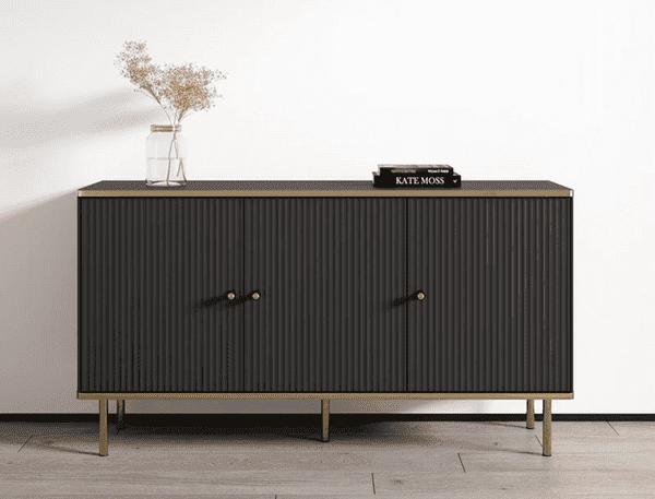 Black and Gold Large Sideboard with a sleek white body, accented by elegant gold handles and edging. Features three doors with internal shelves for convenient storage. Easy to clean and maintain. Dimensions: 75cm H x 140cm W x 40cm D. Free delivery and easy assembly included