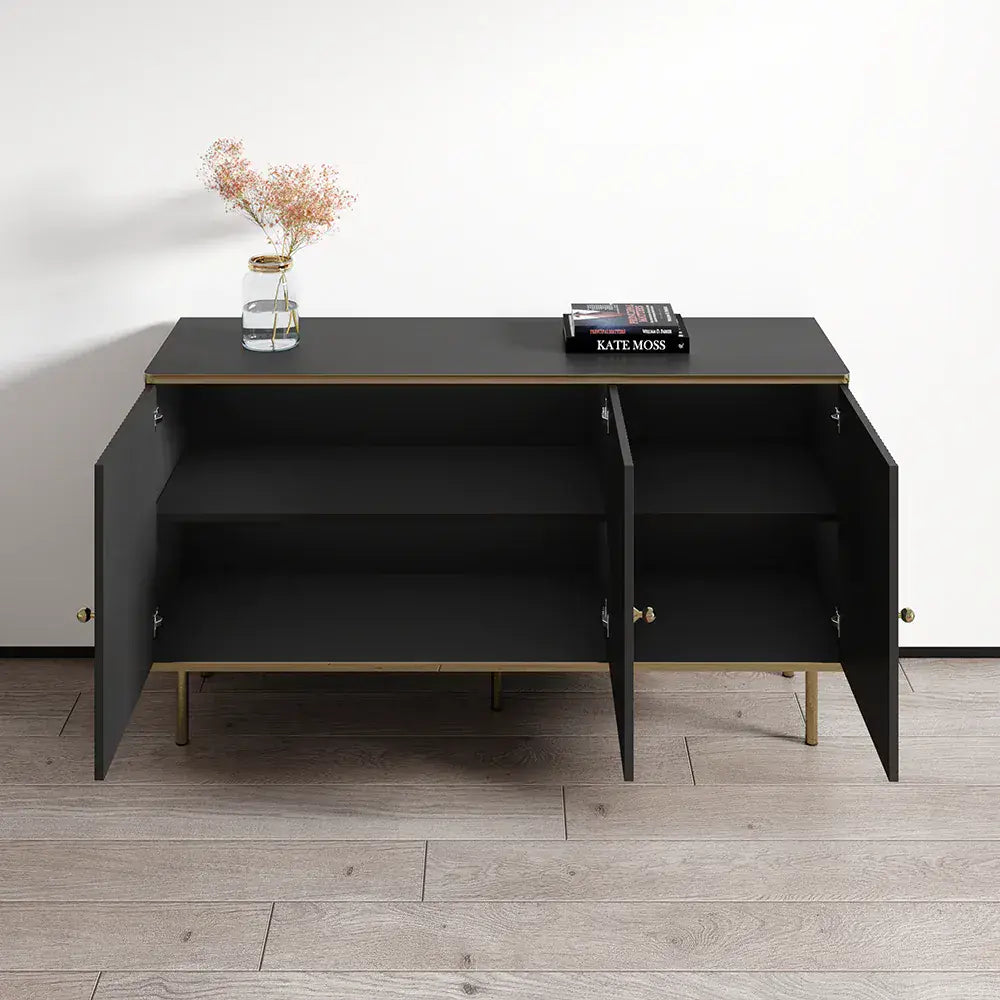 Black and Gold Large Sideboard with a sleek white body, accented by elegant gold handles and edging. Features three doors with internal shelves for convenient storage. Easy to clean and maintain. Dimensions: 75cm H x 140cm W x 40cm D. Free delivery and easy assembly included