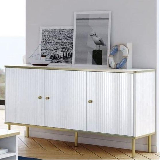 White and Gold Large Sideboard with a sleek white body, accented by elegant gold handles and edging. Features three doors with internal shelves for convenient storage. Easy to clean and maintain. Dimensions: 75cm H x 140cm W x 40cm D. Free delivery and easy assembly included.