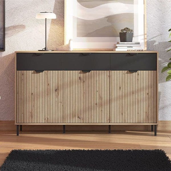 Panelled Oak and Black Sideboard with slatted detailing, featuring three drawers and three doors for ample storage.