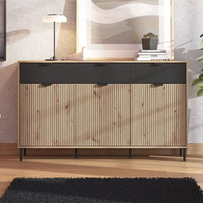 Panelled Oak and Black Sideboard with slatted detailing, featuring three drawers and three doors for ample storage.