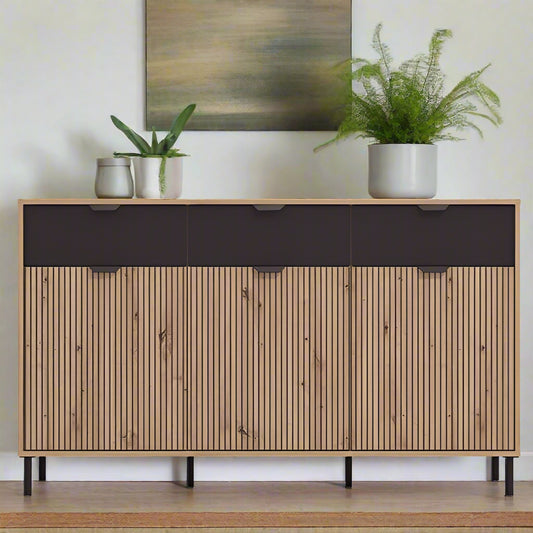 Panelled Oak and Black Sideboard with slatted detailing, featuring three drawers and three doors for ample storage.