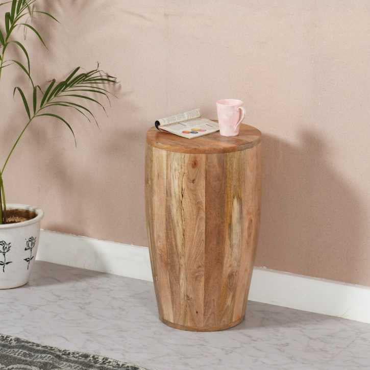 "Surrey Side Table made from 100% eco-sourced mango wood, featuring natural wood block details and a lacquered finish, perfect for holding drinks, snacks, or displaying plants."