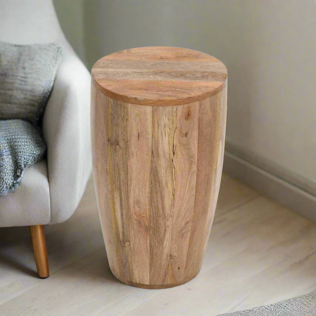 "Surrey Side Table made from 100% eco-sourced mango wood, featuring natural wood block details and a lacquered finish, perfect for holding drinks, snacks, or displaying plants."