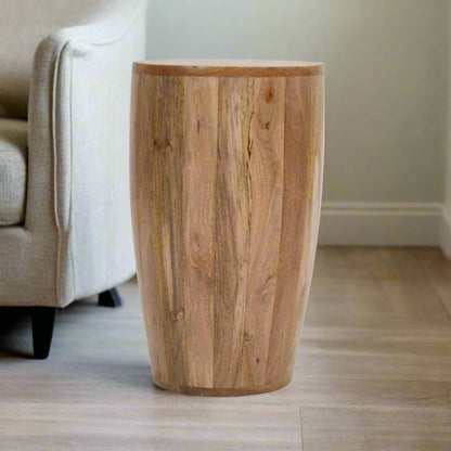 "Surrey Side Table made from 100% eco-sourced mango wood, featuring natural wood block details and a lacquered finish, perfect for holding drinks, snacks, or displaying plants."