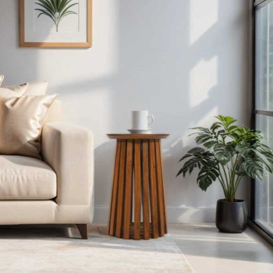 "Slatted round end/side table made from solid mango wood with a warm walnut finish, featuring a contemporary design with a tapered slatted base, fully assembled and easy to maintain."