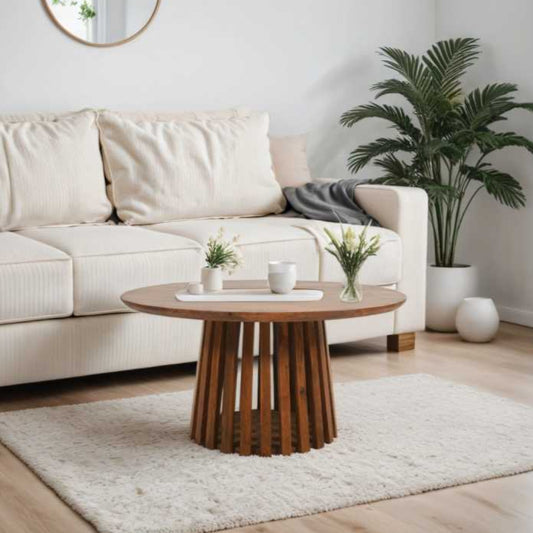 "Round coffee table made from sustainably sourced mango wood with a unique slatted design, warm walnut finish, and easy partial assembly, perfect for adding sophistication or bohemian flair."