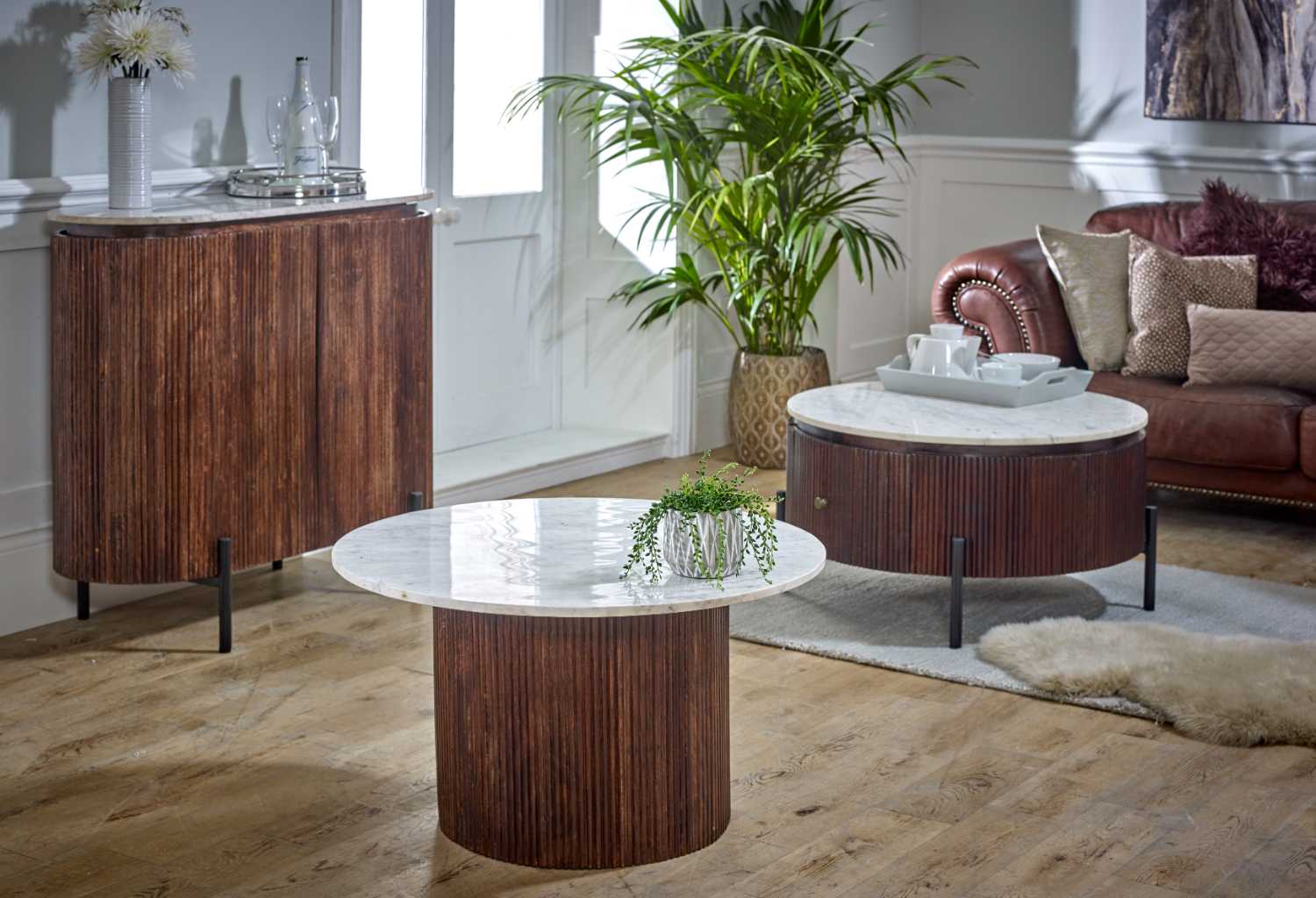 Marble Top Coffee Table, featuring a luxurious natural marble top. Crafted from 100% eco-sourced mango