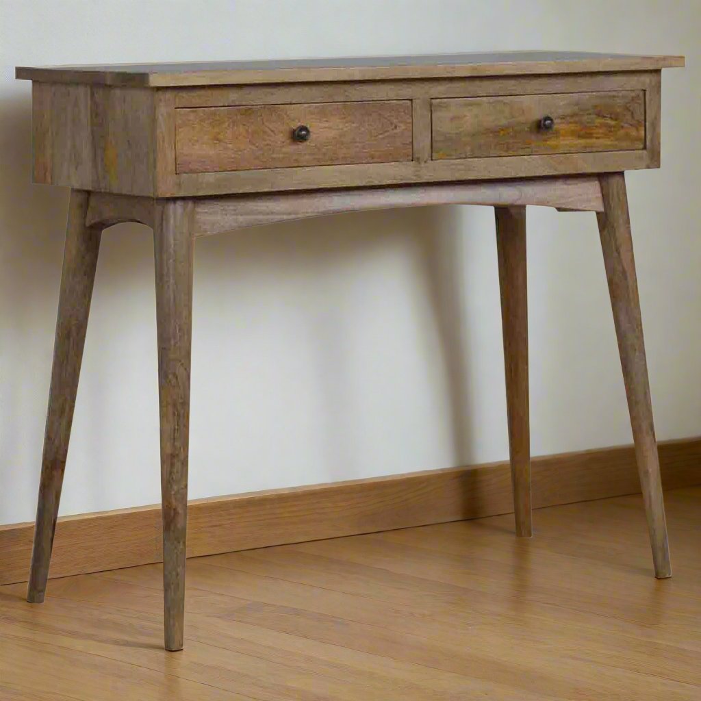 Elegant natural oak 2-drawer console table with a smooth wood finish, featuring two spacious drawers for storage and a sleek design, perfect for adding functionality and warmth to any hallway or living space