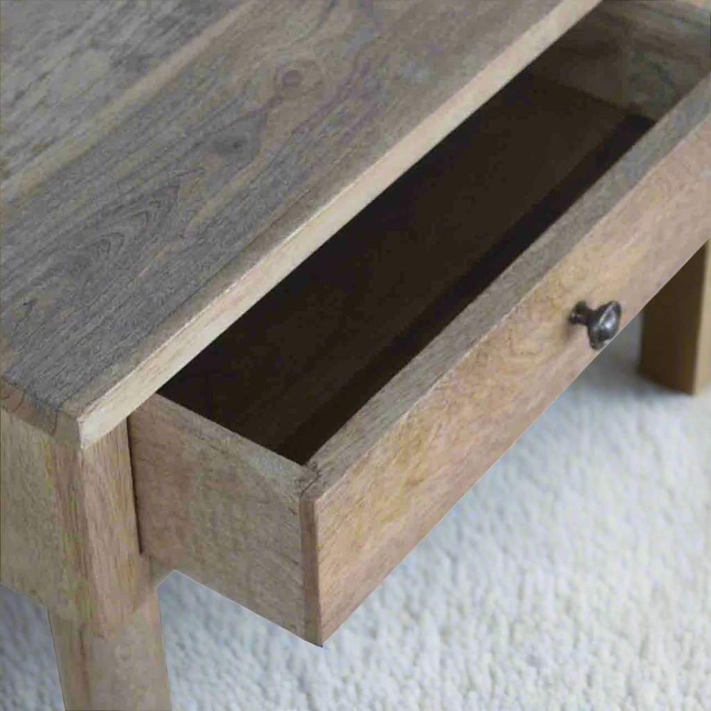 Elegant natural oak 2-drawer console table with a smooth wood finish, featuring two spacious drawers for storage and a sleek design, perfect for adding functionality and warmth to any hallway or living space