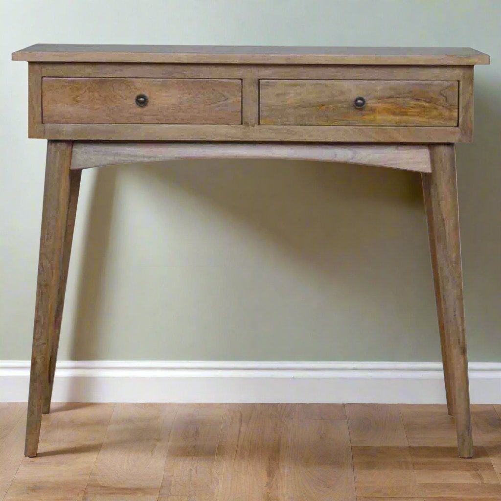 Elegant natural oak 2-drawer console table with a smooth wood finish, featuring two spacious drawers for storage and a sleek design, perfect for adding functionality and warmth to any hallway or living space