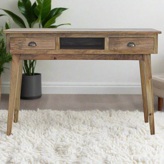 Modern oak finish 2-drawer desk with a sleek design, featuring a smooth wood surface and two spacious drawers for storage, perfect for creating a stylish and functional workspace in any home or office