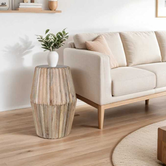 "Handcrafted Hudson Side Table made from sustainable mango wood with natural oak finish, intricate hand-carved details, and lacquered finish, ideal as a bedside table, plant stand, or side table."