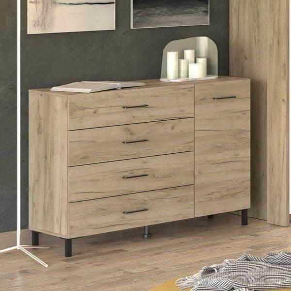 Simple Oak Sideboard with one door and four drawers, offering stylish and practical storage for modern living spaces