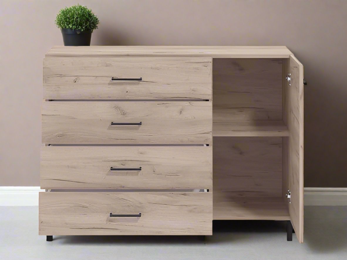 Simple Oak Sideboard with one door and four drawers, offering stylish and practical storage for modern living spaces