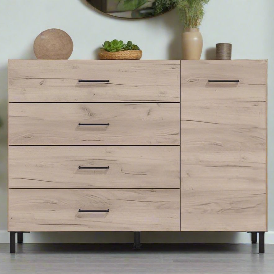 Simple Oak Sideboard with one door and four drawers, offering stylish and practical storage for modern living spaces