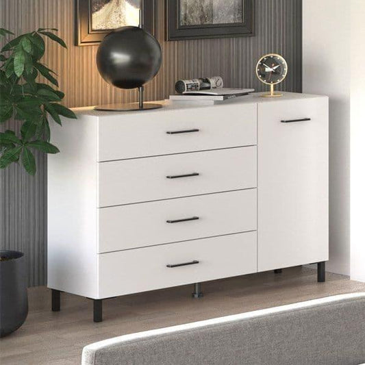 Simple White Sideboard with one door and four drawers, offering stylish and functional storage for modern living spaces.