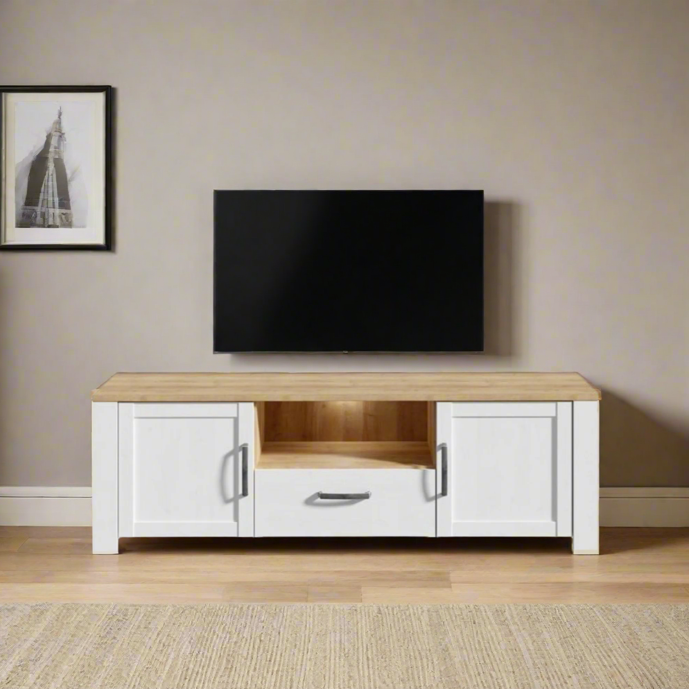 Stylish TV unit with LED lighting, black handles, and soft-close doors. Available in Oak, Navy & Oak, and Grey & Oak finishes, offering rustic elegance and modern functionality. Matching items available.