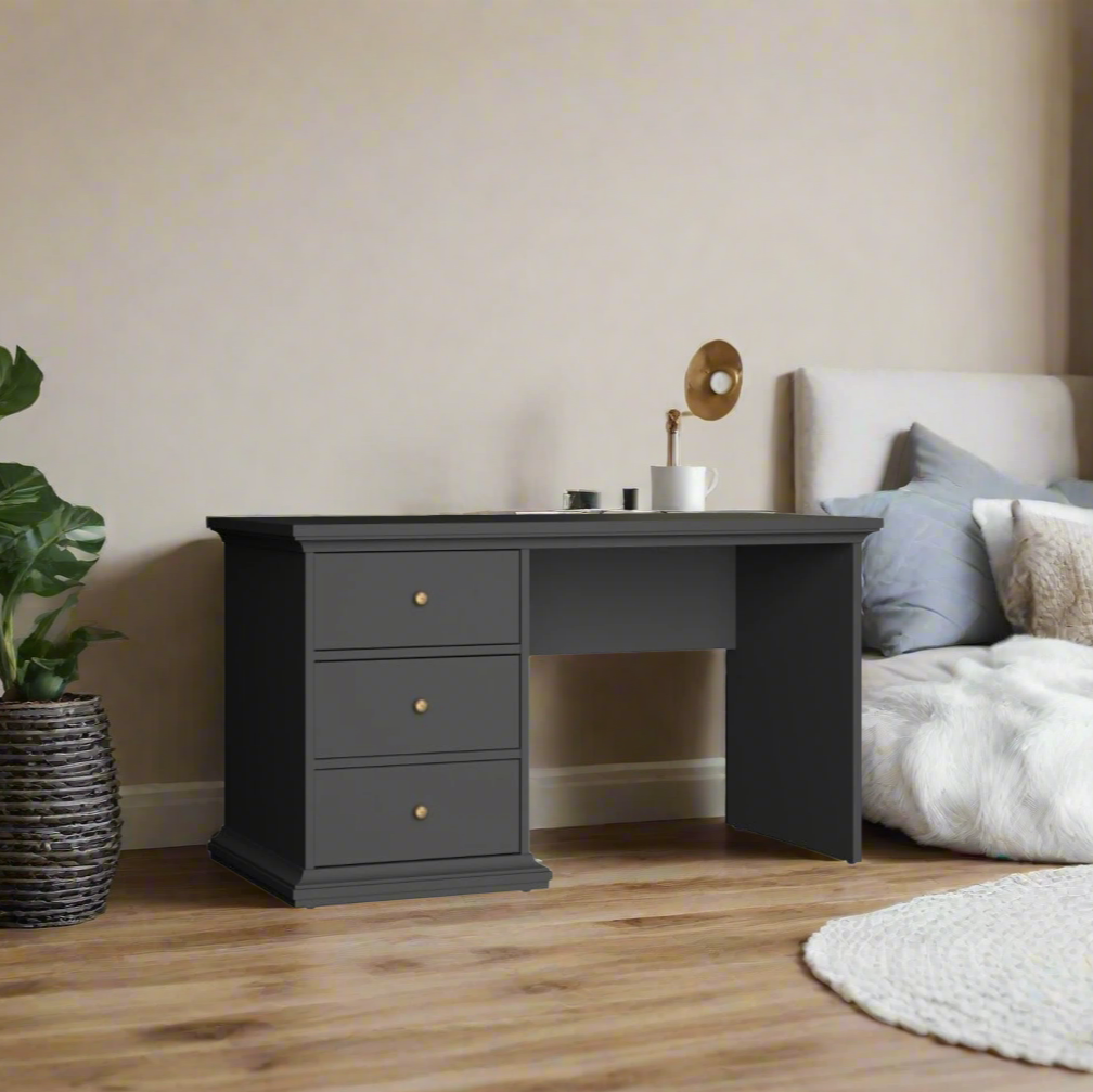 Matte black 3 drawer desk with smooth gliding drawer runners, made from durable laminated board and sustainable PEFC certified wood.