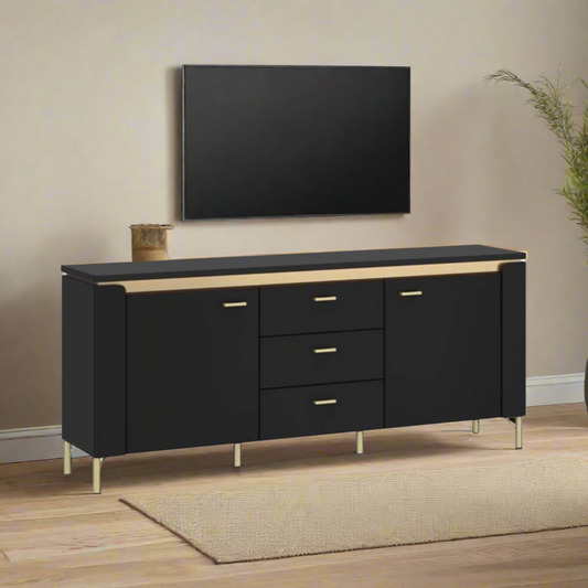 Matte Black and Gold 2-Door, 3-Drawer TV cabinet with soft-close doors, spacious drawers, and integrated LED strip. Features gold-tone metal handles, sturdy legs, and a modern design for a sophisticated touch.