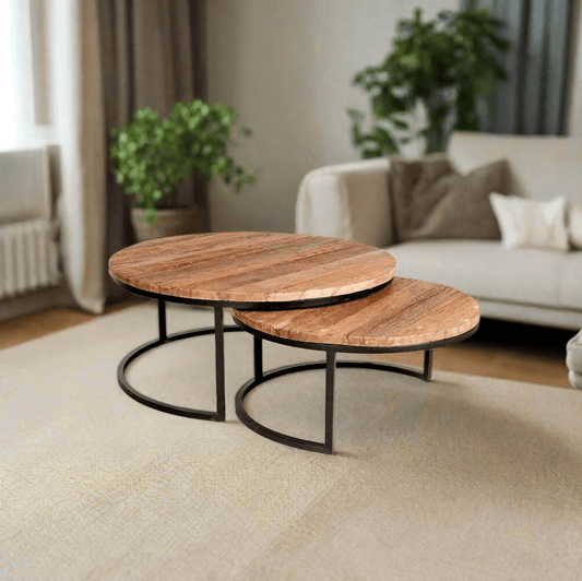 Set of two round coffee tables made from reclaimed railway sleepers with black metal frames, offering a stylish and eco-friendly design.